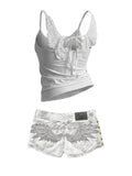 SHOPMOCHO Y2K Hot Girl Angel Wings Embroidered Vest Denim Shorts Suit Retro Sexy Shorts Subculture Punk Rivet Design Low-Waisted Pants