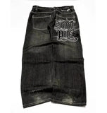 SHOPMOCHO American Fashion Printing Jeans Hip Hop Baggy Cross-legged Jeans Grey Wash Straight Mop Pants Men and Women