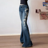 Shopmocho Flare Pants Jeans Women Embroidery Boot Cut Low Waist Washed Distressed Pockets Floor Length Streetwear 2025 Denim Trousers