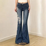 SHOPMOCHO Retro Y2k Jeans Baggy Floral Embroidery Jeans Women Vintage 2000s Low Rise Flared Denim Pants High Street Basic Trousers
