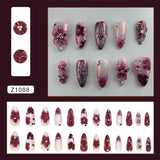 SHOPMOCHO 24pcs Flower Print Press on Nails Wine Red Blush Almond False Nail Tips Wearable Reusable Summer Spicy Girl Fake Nails