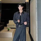 SHOPMOCHO 2025 Autumn Men Casual Two Piece Set Short Lapel cargo Jacket Large Pockets Snap Buttons Loose Straight Leg Pleated Waist Pants