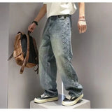 SHOPMOCHO American High Street Fashion Brand Loose Straight Leg Denim Pants for Men, with Patchwork Design and Wide Leg Curved Knife Pants