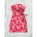 Shopmocho Women's 2025 Floral Print Tube Mini Dress Strapless Backless Party Club Short Ruched Drawstring Bodycon Party Dresses Streetwear