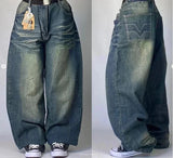 SHOPMOCHO 2025 New American Trend Retro Hip-hop Embroidery Pattern Baggy Jeans For Men And Women Y2K Harajuku Gothic Wide Pants Streetwear