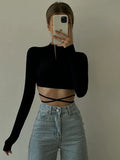 Shopmocho Sexy Backless Lace ups Pullover Tees Women Autumn Black O-neck Slim Longsleeve Short T-Shirt