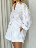 Shopmocho Wolfeel Casual Shorts Sets Striped Jacquard 2 Pieces Cozy Lapel Lantern Sleeve Shirt Summer Outfit Elastic Waist Shorts Suits