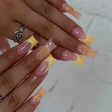 Shopmocho 24pcs Fresh Long Coffin Fake Nails Yellow French Style Flower Printed Metal Butterfly Designs Press On Nails Summer False Nail