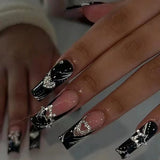 Shopmocho 24PCS/1BOX Black French Wearing Sweet and Cool Nail Patch Glitter Love Stars in Europe and America Dark Department Fake Nail