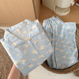 SHOPMOCHO Sweet Cute Goose Print Korean Fashion Women's Pajamas Nightwear Kawaii Casual Lapel Neck Y2K Pajamas Set Autumn New Loungewear