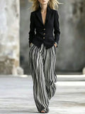 SHOPMOCHO New Elegant Women 2 Piece Suit Notched Lapel Grey Blazer High Waist Stripe Wide Leg Pants Business Casual Outfit Set 2026
