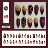 SHOPMOCHO 24pcs Golden Lines Patterns False Nails Dark Purple Blush French Fake Nails for Spice Girls Sweet Cool Almond Ins Nails Press On