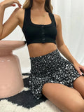Shopmocho Blue Half Length Floral Pleated Mini Skirt Ruffled Edge Printed Fashionable Floral High Waist Short Skirts For Women Bohemian
