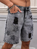 SHOPMOCHO Men's Summer Denim Shorts. Straight-Leg Fit. Ripped Design. Dark Gray Denim Embroidered Shorts