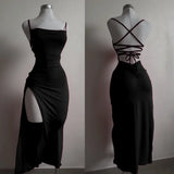 SHOPMOCHO-Sexy Backless Lace Up Long Dress Women Split Sleeveless Bodycon Party Club Evening Dresses High Street Female Suspender Robes