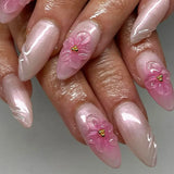 Shopmocho 24pcs Pink Almond False Nails Press on Wearable Sweet Flower Nails Tips Pearl Design Mid-length Fake Nail Rhinestone Manicure