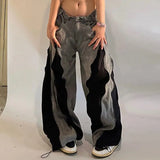 SHOPMOCHO American Y2K Street Color Stitching Washed Jeans Female Y2K Harajuku Hip Hop Popular Baggy Slim Spice Girl Wide-leg Mop Pants