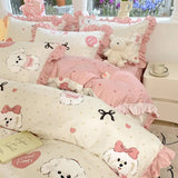 Shopmocho Cartoon Washed Cotton Bed Sheet Four-piece Set Non-cotton Thickened Brushed Quilt Cover Bed Skirt Style Princess Style Bedroom