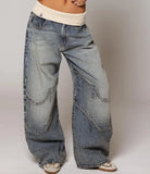 Shopmocho New Hip Hop Splice Fashion Basics Retro Jeans for Women's Simple Dressing Up Daily Necessary Wide Leg Pants Baggy Cargo Pants