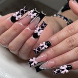 Shopmocho 24pcs Rhinestones Full Cover Nail Art Datachable Glitter French Press on Nails Tip Flower Long Square Fake Nail Pink False Nails