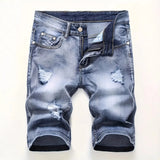 SHOPMOCHO Men's denim shorts with summer frayed elastic men's casual pants slim-fit European-style shorts tight and worn-out men's pants