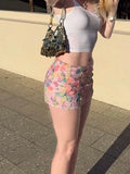 Shopmocho Weird Puss Colorful Flowers Skirts Women Sequins Patchwork Mesh Summer Trend Sweet Street Party Casual Holiday Chic Mini Bottoms