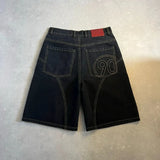 SHOPMOCHO Y2K American Vintage Denim Shorts Embroidery Number 90 Pattern Bright Line Street Shorts Hip Hop Harajuku Unisex Wide Leg Pants