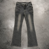 SHOPMOCHO Washed Black Gray Low Rise Micro Flared Pants Women Retro Bamboo Striped Spicy Girl Slim Fit Jeans Y2k Gothic Street Jeans