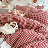 SHOPMOCHO 3pcs red,black plaid Duvet Cover Set (1*Duvet Cover + 2*Pillowcase, Without Core), Lace embroidery Bedding Set