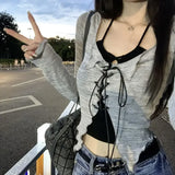SHOPMOCHO Korean Two Piece Set Lace-up Cardigan with Cami Women's Sexy Slim Y2K Crop Long Sleeve Criss Cross Knit Tops Acubi Outfit