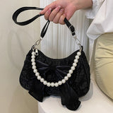 SHOPMOCHO White Folds Pearl Female Bag Retro Luxury Designer Handbag Bow Crossbody Bags Fashion Y2K Vintage Women's Shoulder Bag Purses