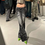 SHOPMOCHO Women's Jeans  New American Retro Street Style Plant Print Washed Vintage Low-Rise Flare Pants Trendy Versatile
