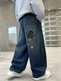 SHOPMOCHO Boy's loose-fit trendy rear pocket embroidered design denim straight-leg pants, comfortable stretch elastic waist.
