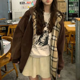Shopmocho Brown Zip Up Hoodie Women 2025 Autumn Lattice stitching Long Sleeve Casual Oversized Sweatshirt Solid Jacket Women Clothing