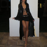 Shopmocho Abrini Women Black Sheer Mesh Beach Dress Female Sexy Lace-Up Cardigan Maxi Dress Long Sleeve Elegant Holiday Party Dress Summer