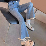 SHOPMOCHO New Fashion Teenage Girls Jeans Pants Bead Lace Denim Girl Trousers Children's Stretch Waist Solid Pants Casual Bell-bottoms