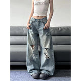 SHOPMOCHO 2025 Summer High Waist Ripped Women's Blue Jeans American Vintage Streetwear Y2K Wide Leg Jean 2000s Trouser Baggy Denim Pants