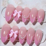 Shopmocho 24pcs Sweet False Nail Patches Detachable Fake Nail Tips With Bowknots Love Heart Pearl Design Pink Almond Korean Press On Nail