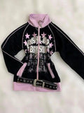 SHOPMOCHO Retro Y2K American Spice Girl Coat Leopard Print Powder Black Contrast Stitching Skull Letter printed Hooded Sweater