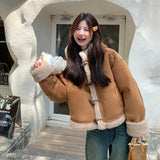 Shopmocho New Fashion Horn Button Hooded Lamb Fur Coat Women Clothing Winter Coats New Loose Thick Suede Brown Short Jacket for Women