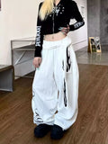 SHOPMOCHO American Retro Flame Letter Print Detachable Strap Scimitar Pants Jazz Casual Hip-Hop Loose Wide-Leg Fashion Jogging Sweatpants