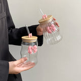 Shopmocho 1Pc Glass with Lid and Straw, Elegant Bow Girl's Glass Cup, Wavy Glass with Lid, Stripesd Glass Cup for Home Decoration, Home Drinking Water, Breakfast Cup, Milk Cup, Afternoon Tea Coffee Cup, Valentine's Day Gift