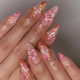 Shopmocho Pink Yellow Halo Dyeing Flower Water Ripple Summer False Nails Leopard Long Pointed Fake Nails Art Press on Nails Charm Manicure