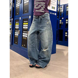 SHOPMOCHO YIBASHU Women Baggy Blue Jeans Ripped Denim Pants American Retro Y2k Washed Designer Japanese Harajuku Wide Leg Long Trousers