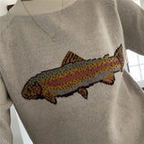 Shopmocho Women Y2K Contrast Fish Sweater Long Sleeve Crew Neck Ribbed Knit Pullover Sweaters Autumn Winter Casual Knitwear Tops