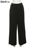 SHOPMOCHO Weird Puss Y2K Casual Wide-Leg Pants Women Autumn Loose Simple Basic Pocket High Waist Trousers Corduroy Streetwear Long Bottoms