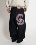 SHOPMOCHO Y2k Men Jeans Samurai Sword Cherry Blossom Embroidery Street Floor Pants Baggy Wide Leg Straight Leg High Waist Denim Jeans