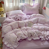 SHOPMOCHO Ruffles Bedding Set Floral Style Duvet Cover Pillowcase with Bedsheet Skin-friendly Bed Linen Set Girls Room Bedclothes
