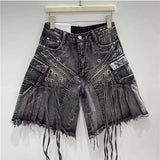 SHOPMOCHO Streetwear American Vintage Heavy Industry Washed Holes and Burrs Denim Shorts Y2 Gothic Old Multi-pocket Casual Joker Pants