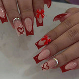 Shopmocho 24pcs Ballet Fake Nails Summer Pink White Bow Design French White Edge Flash Diamond High Saturation Full Coverage Fake Nai